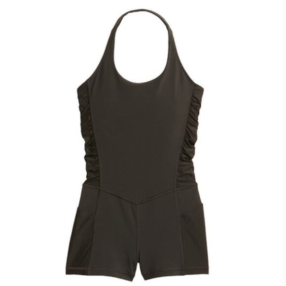 Athleta Mesh Me Up Athletic Athleisure Halter Onsie Shorts Bodysuit Black Size S - Picture 2 of 14